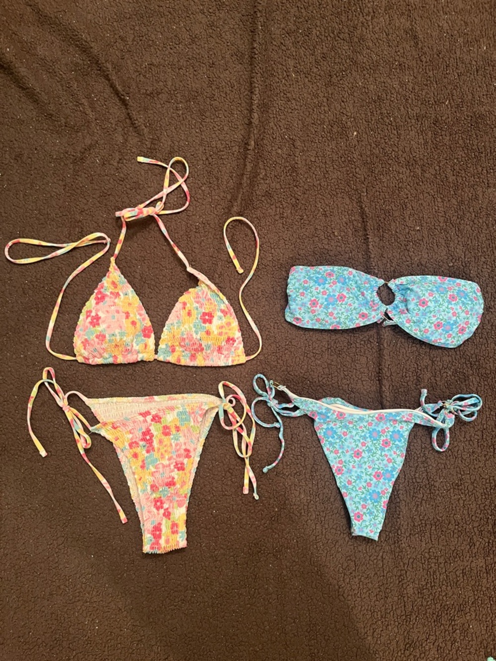 Floral Smocked Triangle & Bandeau Bikini Sets - Yellow Multi & Blue Floral